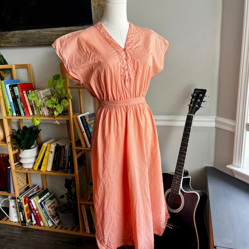 Vintage 70s A-Line Dress Pink Cotton Day Dress Picnic Size Medium